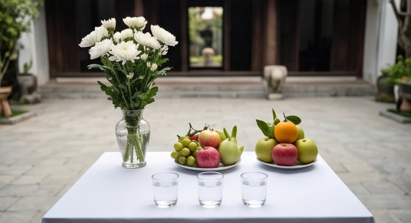 Mâm lễ nhỏ gồm hoa trắng và trái cây được đặt trang trọng trên chiếc bàn ngoài trời để bái vọng từ xa