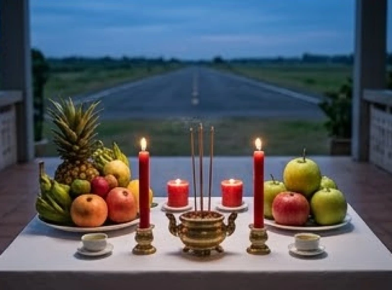 Mâm trái cây và nhang đèn được bày biện gọn gàng trên chiếc bàn gỗ nhỏ hướng ra ngoài ánh sáng