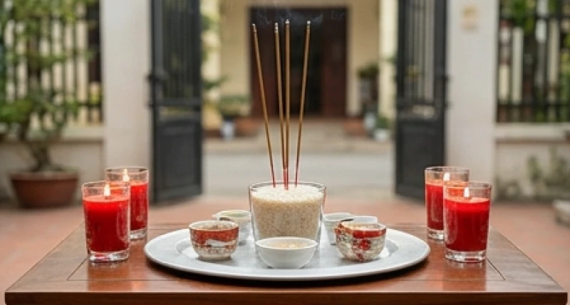 Văn khấn Thổ Công mùng 2 Tết: Bài cúng chuẩn và cách sắm lễ 7 Bàn cúng Thổ Công ngoài sân được kê cao trang trọng với cốc gạo cắm nhang che chắn cẩn thận