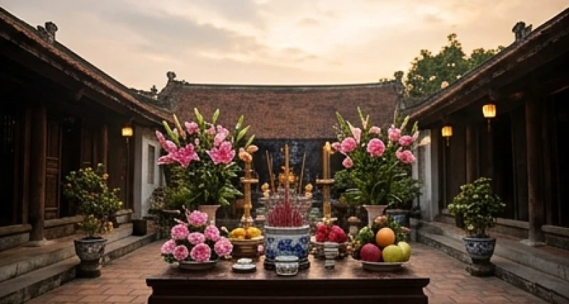 Bàn thờ cúng vọng được đặt ngoài trời với hướng quay về phía đền Cô Chín Thanh Hóa