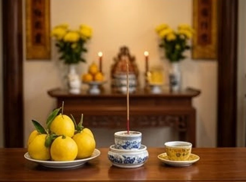 Mâm lễ nhỏ trang nghiêm thắp nhang tấu trình chư vị Thần linh bản gia tại nhà