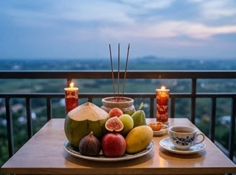 Ban thờ nhỏ ngoài trời với nhang đèn và hoa quả dâng cúng vọng hướng về Tây Ninh