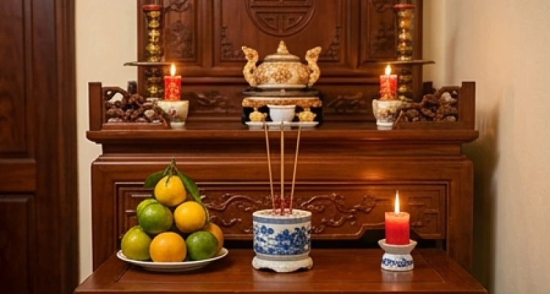 Bàn thờ nhỏ gọn tại gia được bao sái sạch sẽ với mâm hoa quả tươi tắn chuẩn bị cho nghi thức dâng hương ngày rằm.