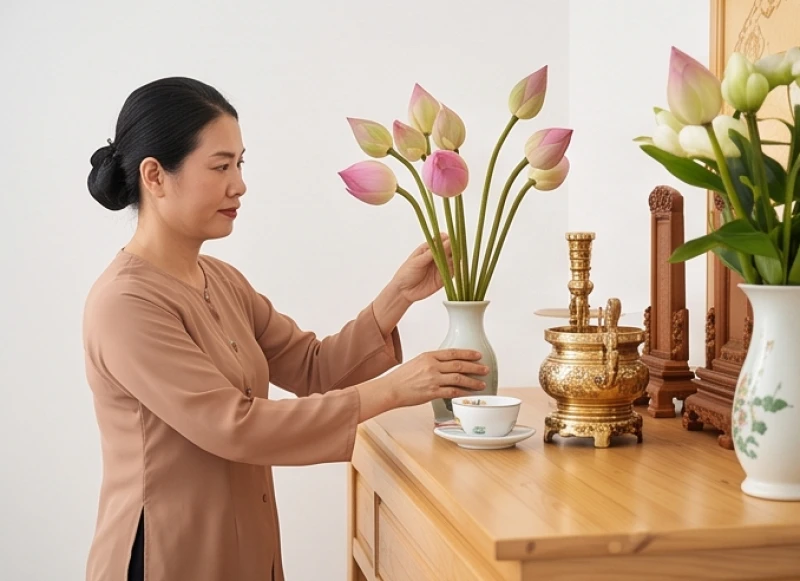 Hướng bàn thờ hợp tuổi Sửu: Phân biệt nam nữ & cung Lỗ Ban 8 Nữ chủ hộ thành tâm chăm chút mâm lễ trên bàn thờ gia tiên được đặt theo đúng phương vị Tây Tứ Trạch