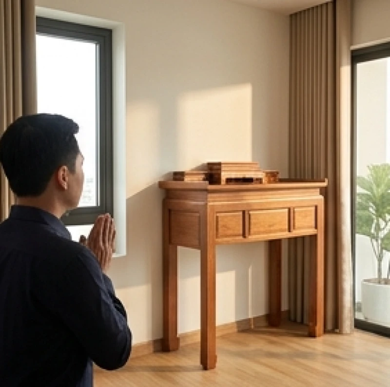 Không gian phòng thờ được dọn dẹp sạch sẽ để chuẩn bị lập bàn thờ mới trước khi chuyển đồ đạc sinh hoạt vào nhà