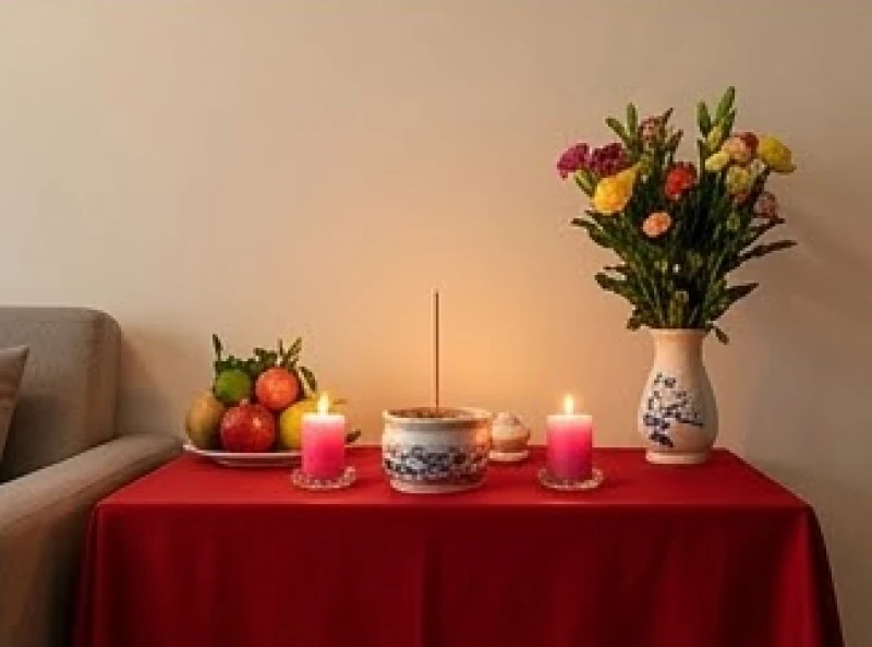 Bàn thờ vọng nhỏ đặt tại phòng khách với bình hoa tươi, đĩa quả và cặp nến hồng thắp sáng ấm cúng