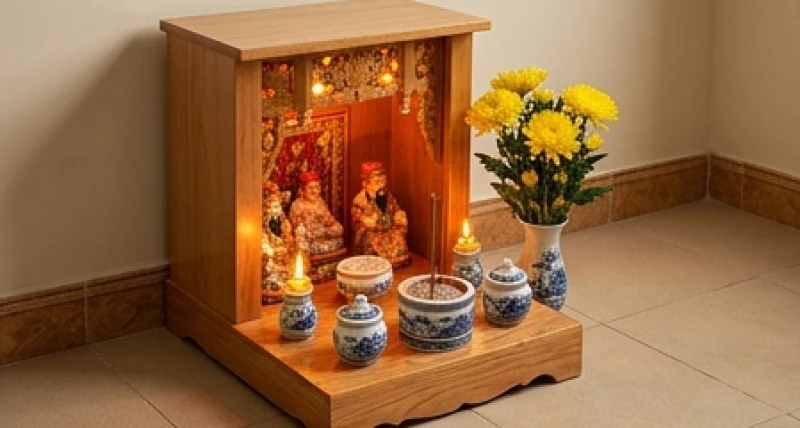 Bàn thờ Thần Tài Thổ Địa được chuẩn bị tươm tất với đầy đủ vật phẩm thờ cúng và ánh đèn vàng