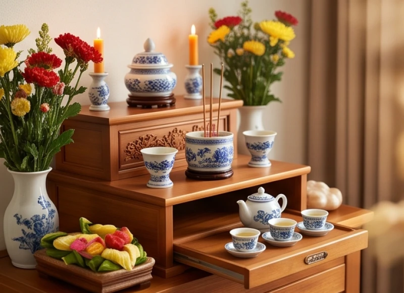 Bàn thờ Tứ Phủ tại nhà được sắp xếp ngăn nắp với các bát hương và mâm lễ vật phân cấp rõ ràng
