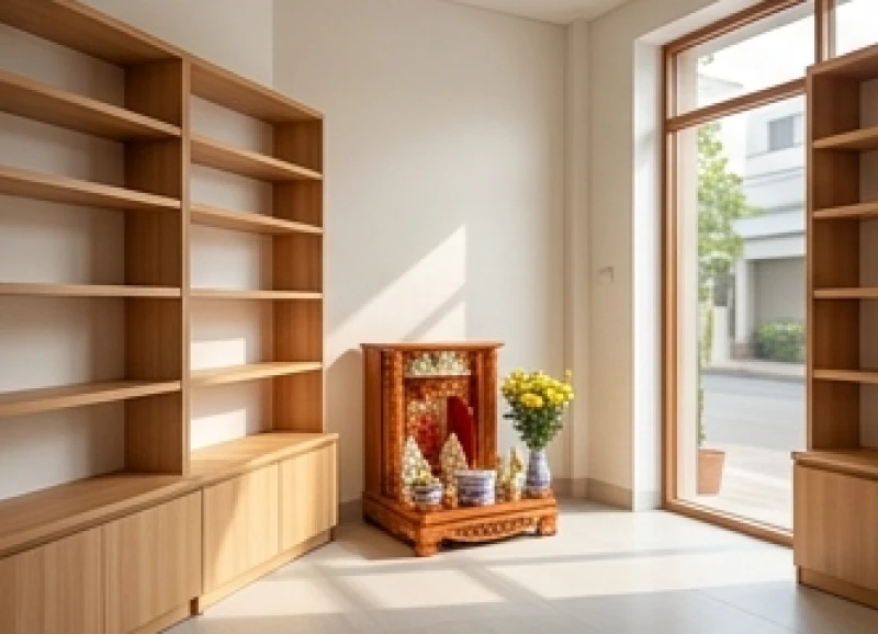 Không gian cửa hàng mới đã dọn dẹp gọn gàng trước khi tiến hành an vị bàn thờ Thần Tài