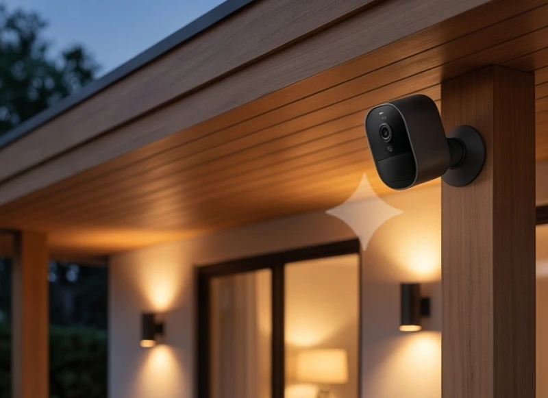 Hệ thống camera giám sát nhỏ gọn được lắp đặt tinh tế bên ngoài hiên nhà bằng gỗ