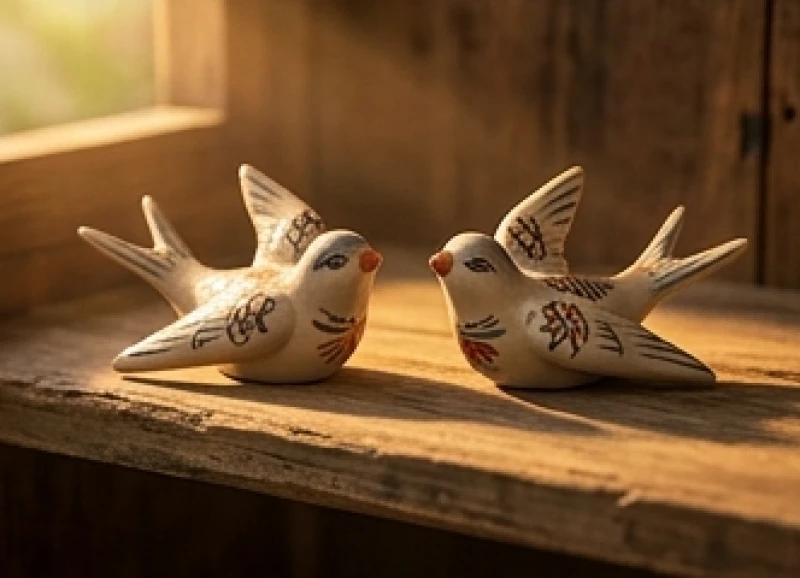 Đôi chim nhạn bằng gốm sứ đặt cạnh nhau tượng trưng cho sự gắn kết và viên mãn trong hôn nhân