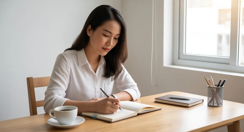 Một người phụ nữ đang ghi chép các khoản chi tiêu gia đình vào sổ tay cá nhân
