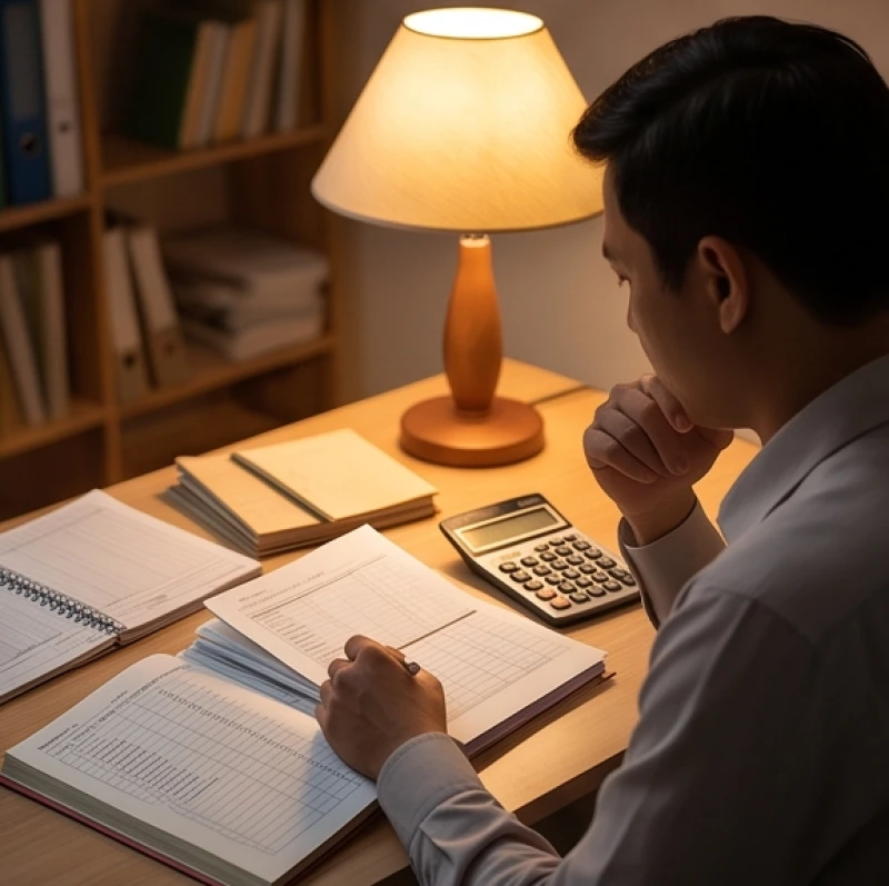 Văn khấn giải hạn Tam Tai đầu năm: Mẫu bài cúng và thủ tục xả hạn 9 Một người đang cẩn thận xem xét các giấy tờ và sổ sách kinh doanh với vẻ mặt đăm chiêu
