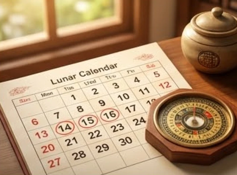Tài lộc tuổi Mùi: Bản đồ dòng tiền 2026 và vị trí chiêu tài 6 Tờ lịch vạn niên đánh dấu những tháng vượng khí bằng mực đỏ đặt bên cạnh sa bàn phong thủy gỗ