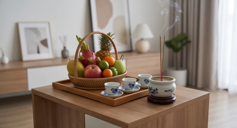 Mâm lễ cúng giỗ được bày biện trang trọng tại chung cư để tưởng nhớ người thân