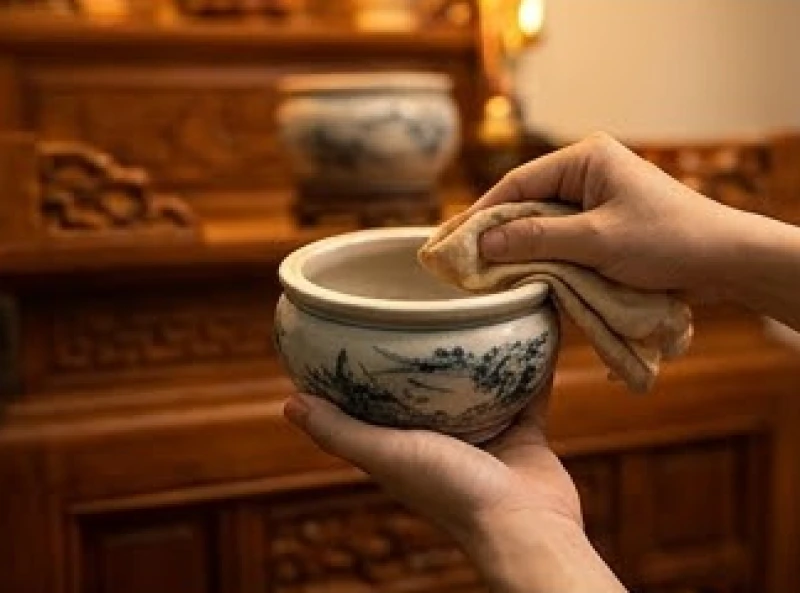 Tín chủ dùng chiếc khăn sạch nhúng rượu gừng để lau nhẹ nhàng xung quanh bát hương gốm sứ mới mua