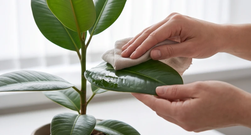 Thao tác lau nhẹ nhàng bề mặt lá cây bằng khăn giấy ẩm để loại bỏ lớp bụi mờ từ điều hòa