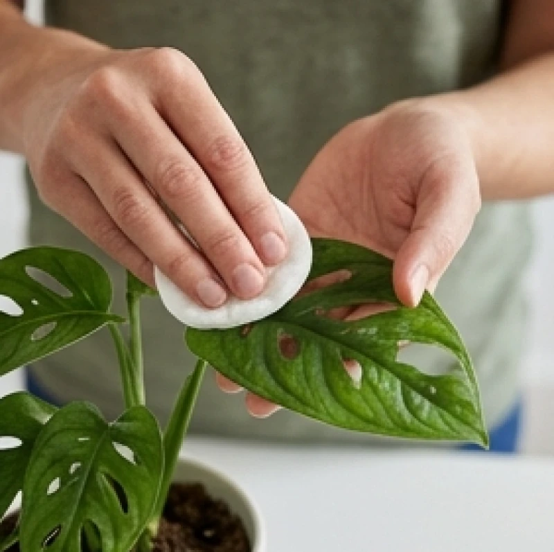 Cây để bàn hợp tuổi Mão: Chọn cây mini chuẩn mệnh và góc đặt 11 Bàn tay đang cẩn thận dùng một chiếc khăn mềm ẩm để lau sạch lớp bụi bám trên mặt lá của cây cảnh.