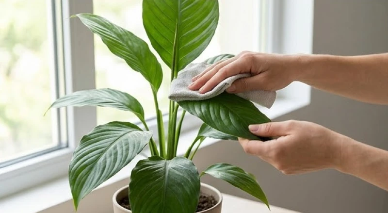 Thao tác dùng khăn ẩm mềm lau nhẹ nhàng lớp bụi trên bề mặt lá cây giúp khí khổng thông thoáng hấp thụ tốt ánh sáng