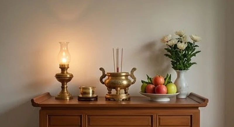 Mơ thấy bố đã mất hiện về: Giải mã điềm báo và nghi thức cúng 4 Bàn thờ tổ tiên bằng gỗ được lau chùi sạch sẽ với lư hương và đèn dầu sáng ấm