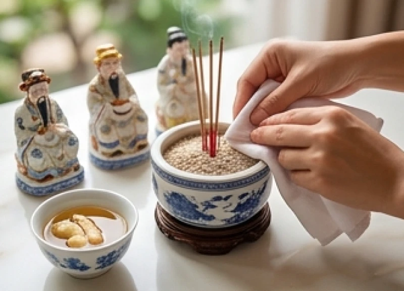Dùng nước rượu gừng và khăn sạch lau chùi cẩn thận bát hương Thần Tài trước khi chuyển đi
