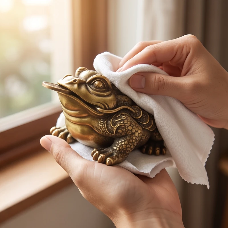 Thiềm thừ phong thủy tuổi Tý: Tra cứu ngũ hành và hướng bài trí 13 Đôi bàn tay đang cẩn thận dùng khăn vải mềm sạch lau bụi cho bức tượng cóc ba chân ngậm tiền