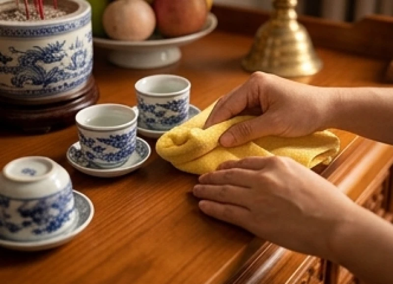 Văn khấn bao sái bát hương cuối năm: Bài bản và đúng nghi thức 2 Đôi bàn tay cẩn thận dùng khăn sạch lau chùi từng chiếc kỷ nước bằng sứ trên bàn thờ gia tiên