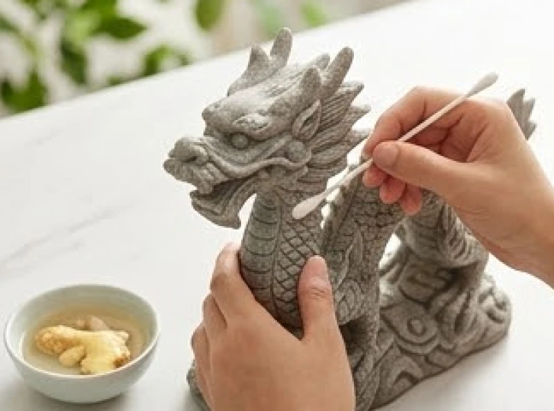 Người lau dọn dùng một chiếc tăm bông sạch để làm sạch tỉ mỉ từng lớp vảy nhỏ của bức tượng rồng bằng đá
