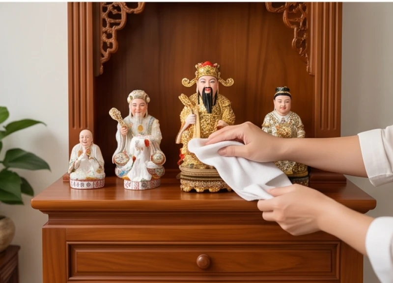 Văn khấn mở hàng đầu năm Bính Ngọ 2026: Bài cúng và lễ vật chuẩn 9 Đôi bàn tay cẩn thận dùng khăn sạch lau dọn tượng Thần Tài và Ông Địa trước giờ làm lễ