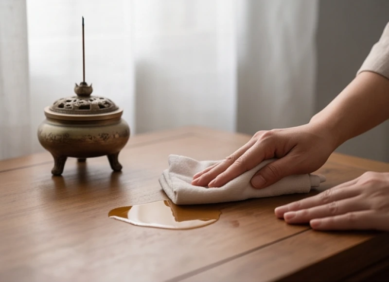 Đôi bàn tay dùng khăn sạch cẩn thận lau một vết dầu đèn nhỏ trên mặt bàn gỗ gần lư hương thanh tịnh