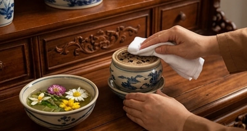 Dùng khăn sạch nhúng nước ngũ vị hương để lau dọn bài vị và bát hương trên bàn thờ gia tiên dịp cuối năm