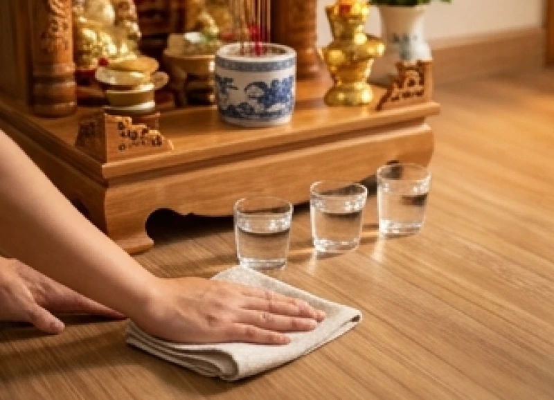Bàn tay nhẹ nhàng dùng khăn sạch lau dọn không gian xung quanh bàn thờ Thần Tài vào sáng sớm
