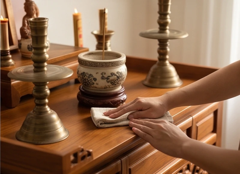 Văn khấn mùng 1 hàng tháng: Bài cúng chuẩn và trình tự chi tiết 7 Bàn tay cẩn thận dùng khăn sạch lau từng vật phẩm trên ban thờ mà không làm xê dịch vị trí bát hương