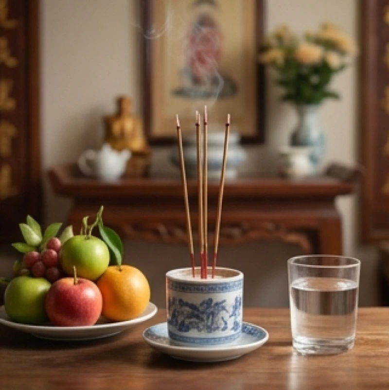 Không gian thờ cúng gia tiên được dọn dẹp sạch sẽ và thắp nhang trầm tĩnh lặng