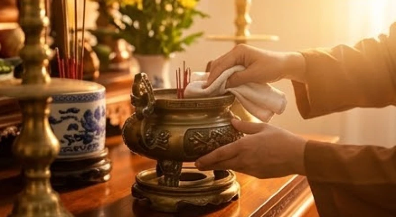 Đôi bàn tay cẩn thận dùng khăn sạch lau dọn bát hương và đồ thờ cúng bằng đồng trên bàn thờ gia tiên