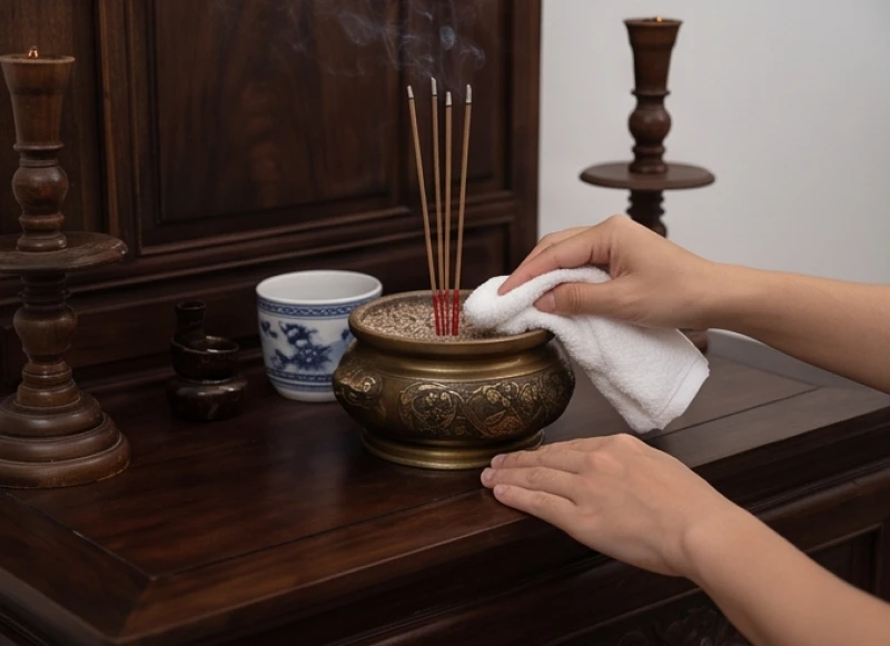 Hành động lau dọn ban thờ gia tiên cẩn thận giúp đảm bảo không gian thờ tự luôn thanh tịnh