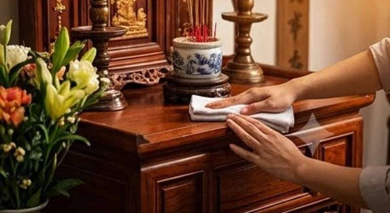 Gia chủ thành tâm dùng chiếc khăn sạch lau dọn không gian bàn thờ để xua tan điềm dữ