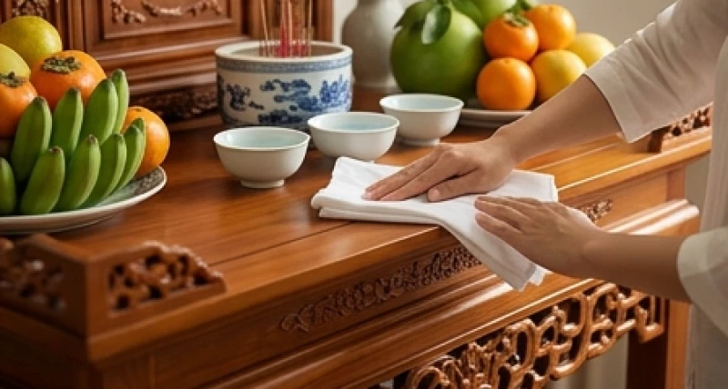 Dùng khăn sạch và nước thảo mộc để lau dọn không gian bàn thờ và chuẩn bị thay mâm quả mới