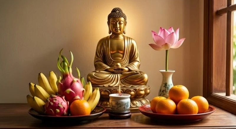 Bàn thờ Phật trang nghiêm với mâm lễ cúng chay tinh khiết gồm hoa sen và trái cây tươi