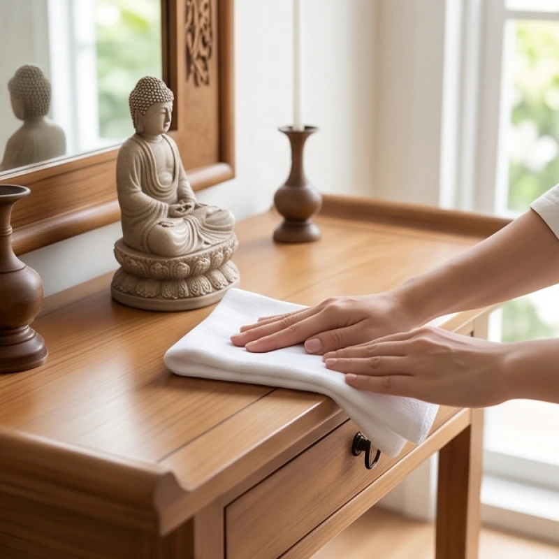 Đôi bàn tay cẩn thận dùng khăn sạch lau dọn khu vực bàn thờ Phật tại gia để thanh tẩy không gian thờ cúng