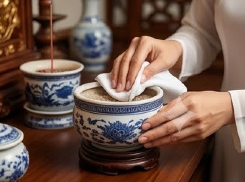Người chồng tự tay dùng khăn sạch và nước ngũ vị hương để lau dọn bát hương thay cho người vợ