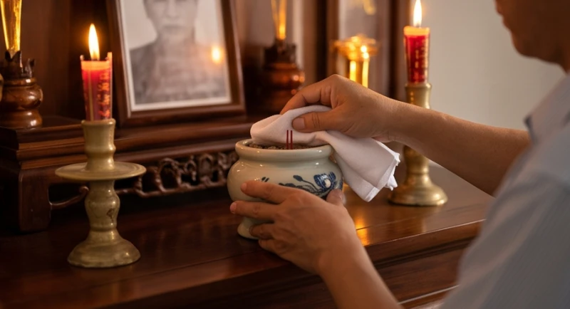 Cẩn thận lau dọn bát hương và ban thờ sạch sẽ để chuẩn bị cho lễ Tiên Thường vào chiều tối trước ngày giỗ