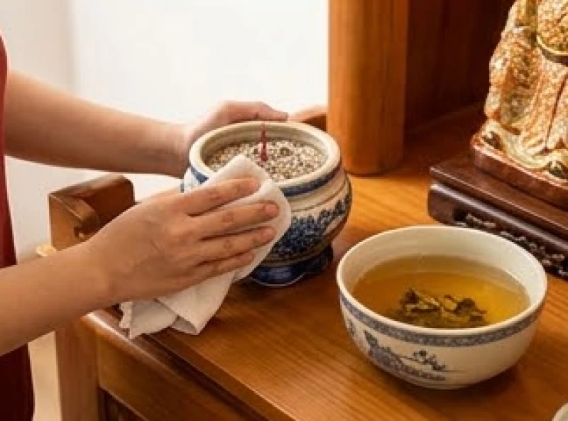 Cách bài trí bàn thờ Thần Tài cho tuổi Sửu: chuẩn hướng 5 nạp âm 9 Người chủ dùng khăn sạch nhúng nước ngũ vị hương để lau chùi cẩn thận các vật phẩm trên ban thờ Thần Tài