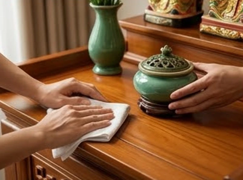 Cách bài trí bàn thờ Thần Tài cho tuổi Thìn: Tọa độ chuẩn 9 Dùng khăn sạch nhúng nước ngũ vị hương để lau cẩn thận xung quanh bát hương
