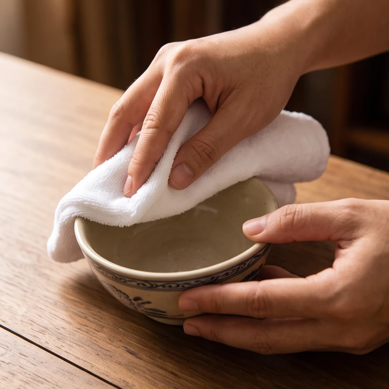 Cách bài trí bàn thờ Thần Tài cho tuổi Ngọ: sơ đồ và thủ tục 14 Dùng một tay giữ chặt thân bát hương, tay kia dùng khăn mềm nhẹ nhàng lau sạch mép ngoài
