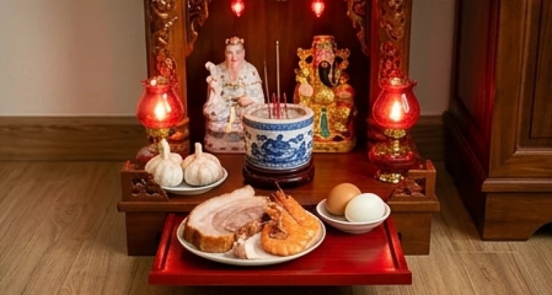 Bàn thờ Thần Tài Thổ Địa đặt sát mặt đất vừa được lau chùi sạch sẽ, bày biện bộ tam sên và tỏi tươi rực rỡ