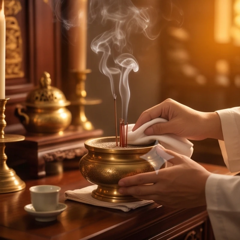 Mơ thấy anh trai đã mất: Điềm báo tâm linh & hướng dẫn cầu an 8 Đôi bàn tay cẩn thận dùng khăn sạch lau dọn bát hương và đồ tế khí, thực hiện nghi thức thanh tẩy không gian thờ cúng