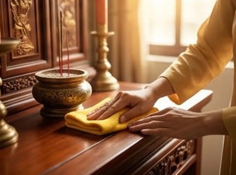 Đôi tay cẩn thận dùng khăn sạch màu vàng lau chùi các vật phẩm thờ cúng và tỉa bớt chân nhang trên bàn thờ