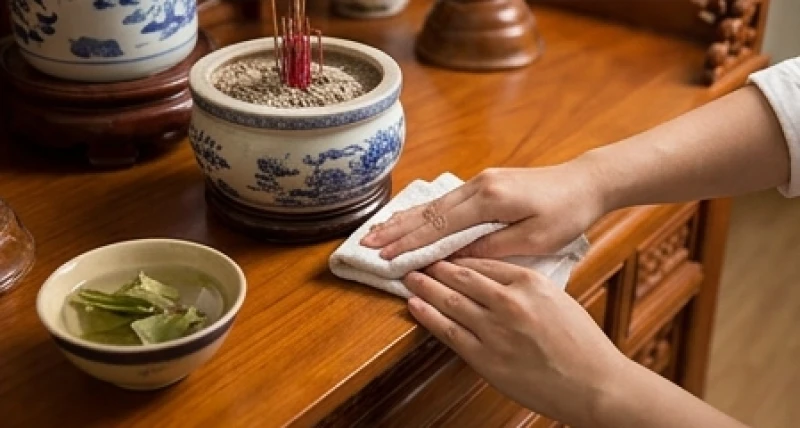 Đôi bàn tay cẩn thận dùng khăn sạch nhúng nước ngũ vị hương để lau dọn bề mặt gỗ xung quanh bát hương