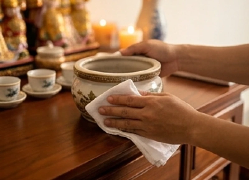 Văn khấn cầu tài lộc tại cửa hàng: Trình tự cúng và mâm lễ chuẩn 3 Bàn tay đang dùng khăn sạch và nước gừng để lau nhẹ nhàng phần vỏ ngoài của bát hương trên bàn thờ